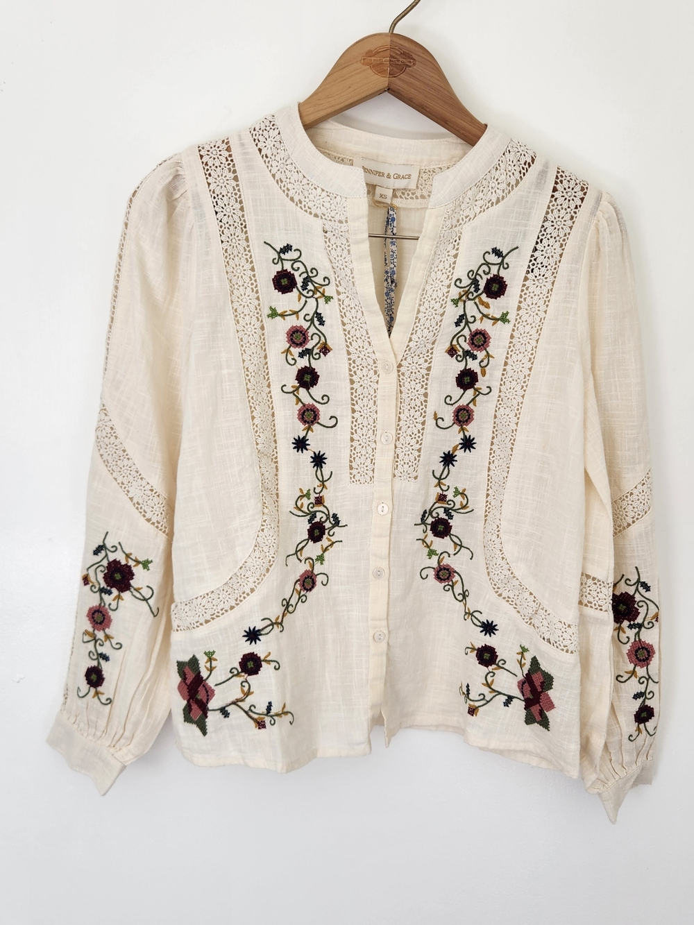 Cream Embroidered Peasant Blouse by Jennifer & Grace